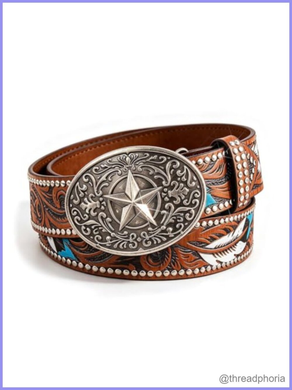 Western PU Leather Belt Star Buckle Rivet Feather Embossed Cowgirl Jeans